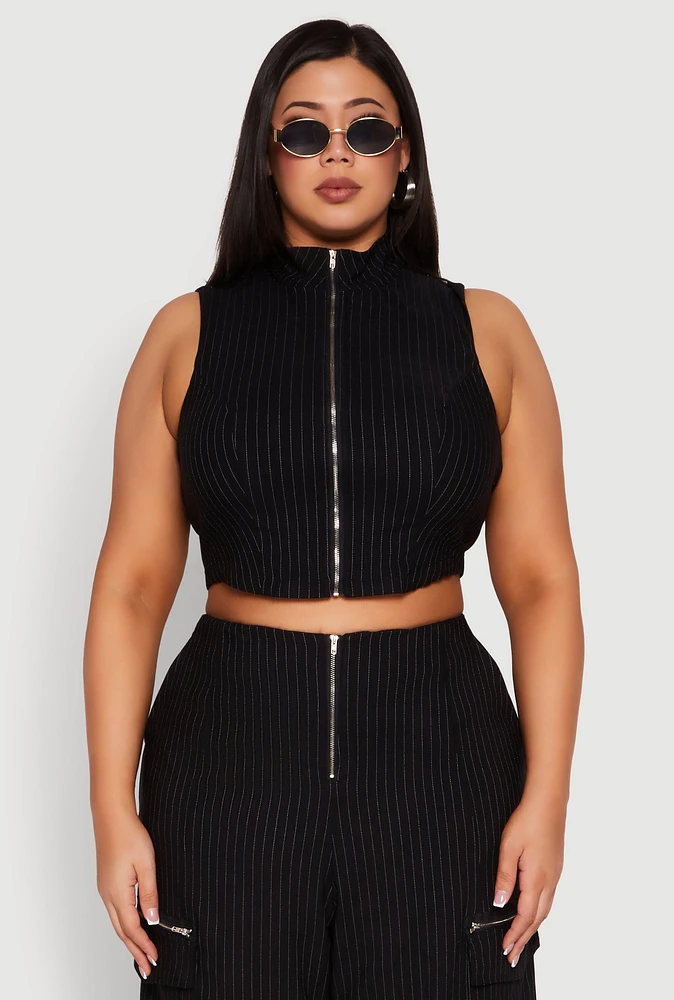 Womens Plus Pinstripe Zip Front Crop Top, 3X
