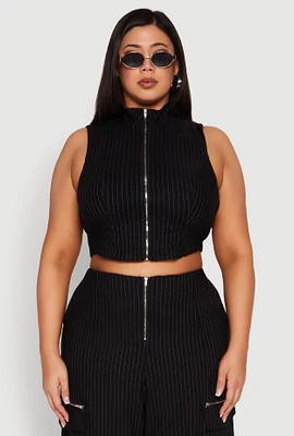Womens Plus Pinstripe Zip Front Crop Top, 3X