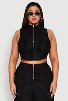 Womens Plus Size Pinstripe Zip Front Crop Top, Black, Size 2X
