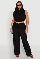 Womens Plus Size Pinstripe Zip Front Crop Top, Black, Size 2X