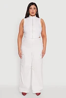 Womens Plus Pinstripe Zip Front Crop Top, White,