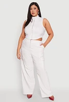 Womens Plus Pinstripe Zip Front Crop Top, White,
