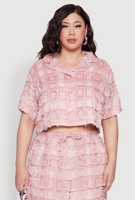 Womens Plus Spoon Jeans Plaid Frayed Shirt, Pink,