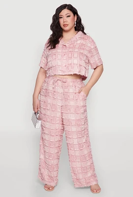Womens Plus Size Spoon Jeans Plaid Frayed Wide Leg Pants, Pink, Size 2X