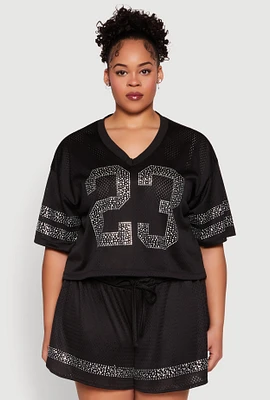 Womens Plus Rhinestone Graphic Print Mesh Jersey,