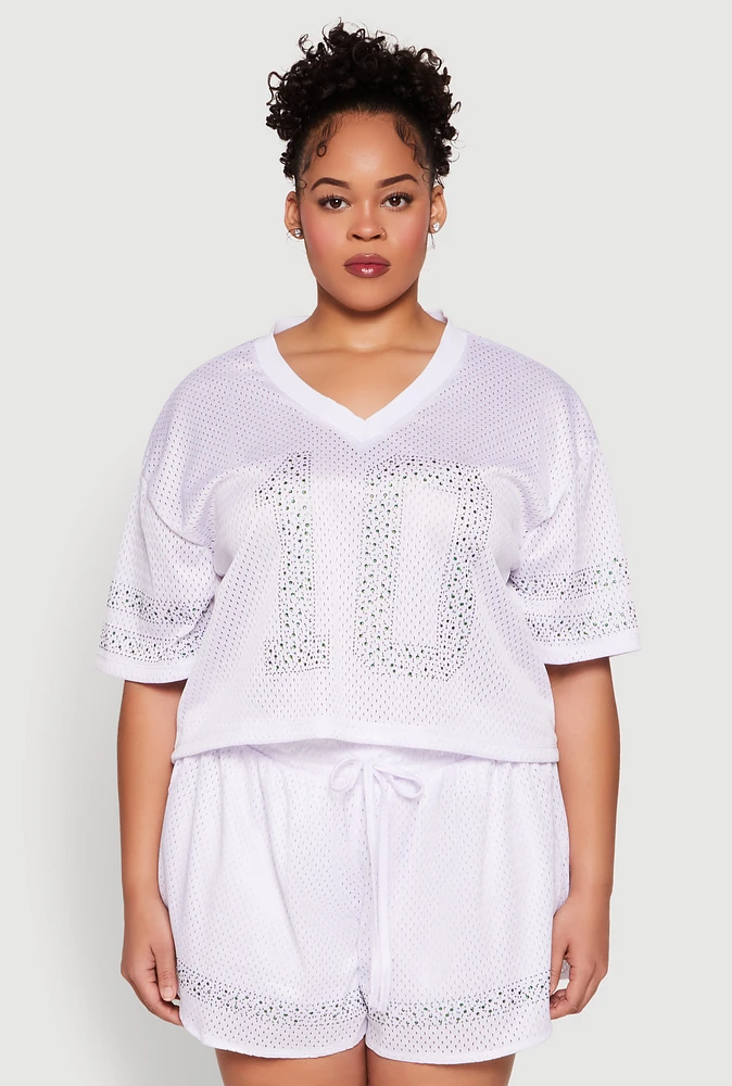 Womens Plus Size Rhinestone Graphic Print Mesh Jersey, White, Size 2X