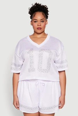 Womens Plus Size Rhinestone Graphic Print Mesh Jersey, White, Size 2X