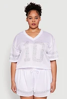 Womens Plus Size Rhinestone Graphic Print Mesh Jersey, White, Size 2X