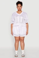 Womens Plus Size Rhinestone Graphic Print Mesh Jersey, White, Size 2X