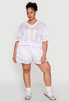 Womens Plus Size Rhinestone Graphic Print Mesh Jersey, White, Size 2X
