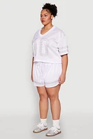 Womens Plus Size Rhinestone Graphic Print Mesh Jersey, White, Size 2X