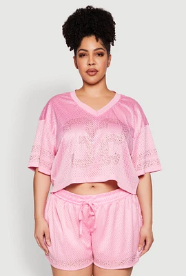 Womens Plus Size Rhinestone Graphic Print Mesh Jersey, Pink, Size 1X