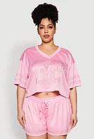 Womens Plus Size Rhinestone Graphic Print Mesh Jersey, Pink, Size 1X