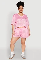 Womens Plus Size Rhinestone Graphic Print Mesh Jersey, Pink, Size 1X
