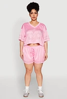 Womens Plus Size Rhinestone Graphic Print Mesh Jersey, Pink, Size 1X
