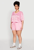 Womens Plus Size Rhinestone Graphic Print Mesh Jersey, Pink, Size 1X