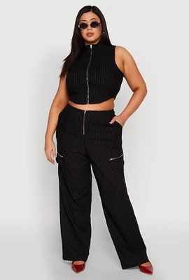 Womens Plus Size Pinstripe Zip Cargo Dress Pants, Black, Size 1X