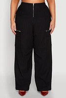 Womens Plus Size Pinstripe Zip Cargo Dress Pants, Black, Size 1X