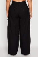 Womens Plus Size Pinstripe Zip Cargo Dress Pants, Black, Size 1X