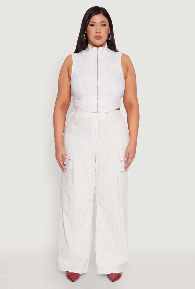 Womens Plus Size Pinstripe Zip Cargo Dress Pants, White, Size 3X