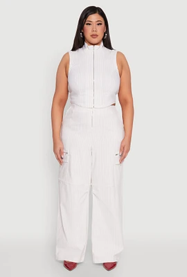 Womens Plus Size Pinstripe Zip Cargo Dress Pants, White, Size 3X