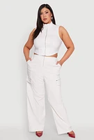 Womens Plus Size Pinstripe Zip Cargo Dress Pants, White, Size 3X