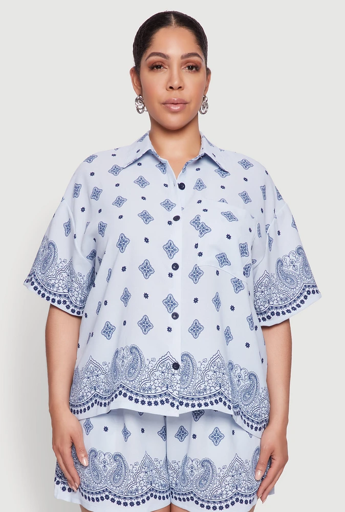 Womens Plus Crepe Knit Bandana Print Oversized Shirt,