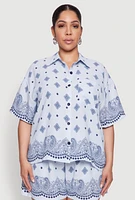 Womens Plus Crepe Knit Bandana Print Oversized Shirt,