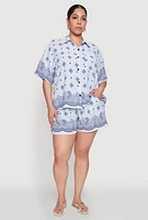 Womens Plus Crepe Knit Bandana Print Oversized Shirt, Blue,