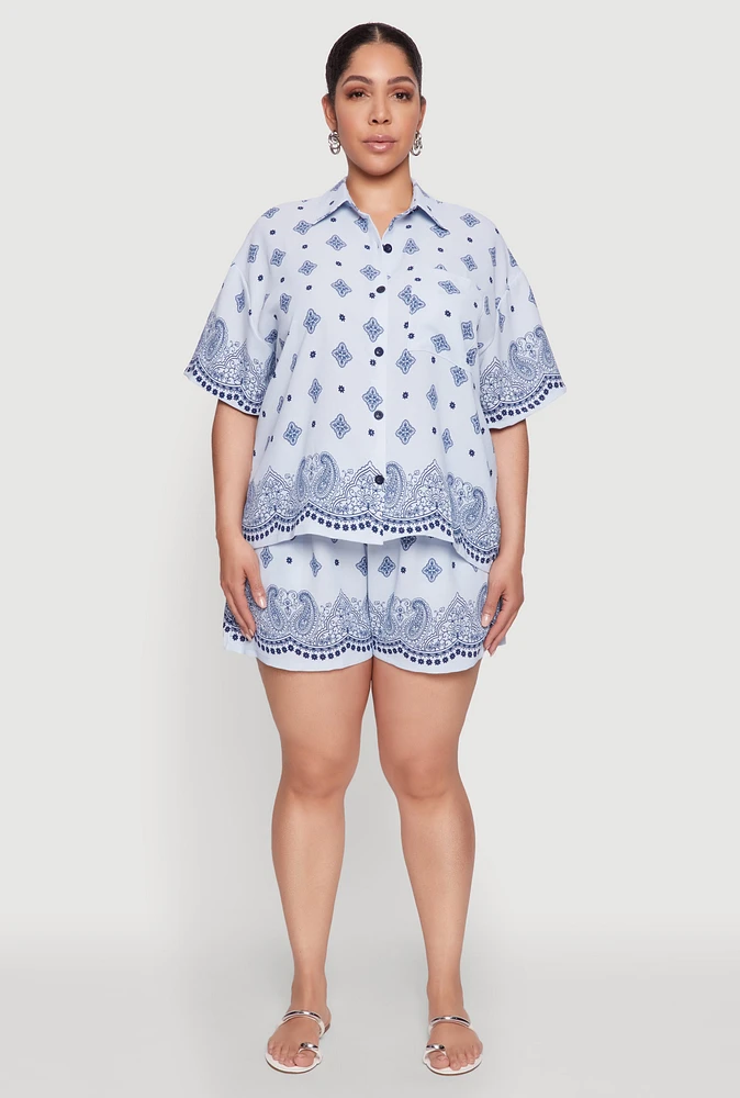 Womens Plus Crepe Knit Bandana Print Oversized Shirt, Blue,