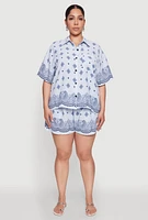 Womens Plus Crepe Knit Bandana Print Oversized Shirt, Blue,
