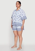 Womens Plus Crepe Knit Bandana Print Oversized Shirt,