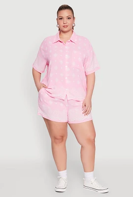 Womens Plus Size Crepe Knit Bandana Print Shorts, Pink, Size 3X