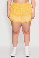 Womens Plus Size Crepe Knit Bandana Print Shorts, Yellow, Size 2X