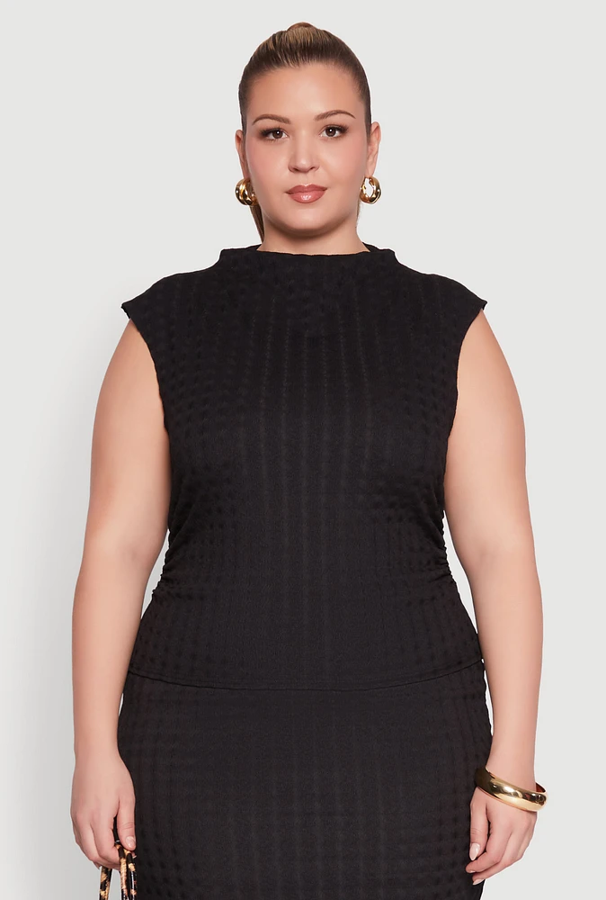 Womens Plus Size Textured Knit Mock Neck Tank Top, Black, Size 3X