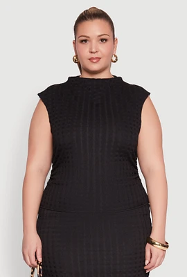 Womens Plus Size Textured Knit Mock Neck Tank Top, Black, Size 3X