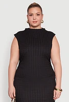 Womens Plus Size Textured Knit Mock Neck Tank Top, Black, Size 3X