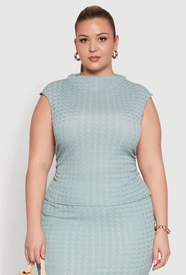 Womens Plus Size Textured Knit Mock Neck Tank Top, Green, Size 2X