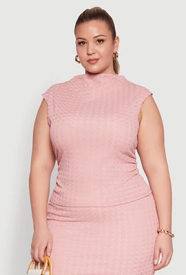 Womens Plus Textured Knit Mock Neck Tank Top, Pink,
