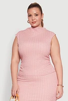 Womens Plus Textured Knit Mock Neck Tank Top, Pink,