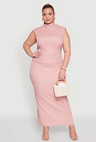 Womens Plus Size Textured Knit Mock Neck Tank Top, Pink, Size 2X