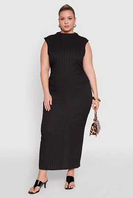 Womens Plus Size High Waist Textured Knit Maxi Skirt, Black, Size 1X