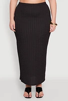 Womens Plus Size High Waist Textured Knit Maxi Skirt, Black, Size 1X