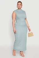 Womens Plus Size High Waist Textured Knit Maxi Skirt, Green, Size 3X