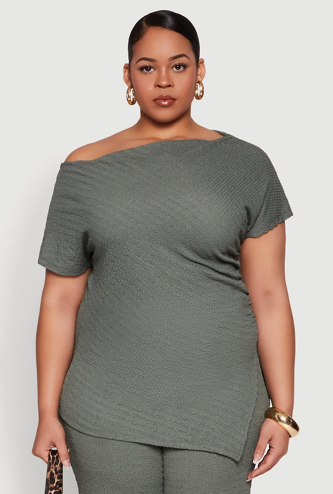 Womens Plus Size Textured Knit Asymmetrical Top, Green, Size 3X
