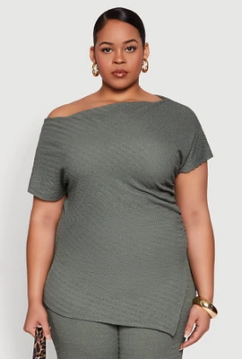 Womens Plus Size Textured Knit Asymmetrical Top, Green, Size 3X