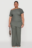 Womens Plus Size Textured Knit Asymmetrical Top, Green, Size 3X