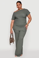 Womens Plus Size Textured Knit Asymmetrical Top, Green, Size 3X