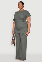 Womens Plus Size Textured Knit Asymmetrical Top, Green, Size 3X