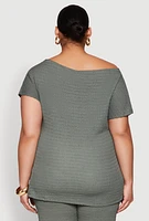 Womens Plus Size Textured Knit Asymmetrical Top, Green, Size 3X